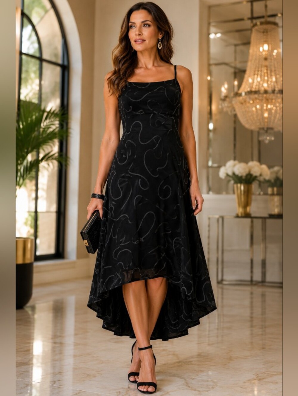 Y2K Andrea Quinn  Black Abstract Design Hi-low Ruffled Hem  Dress